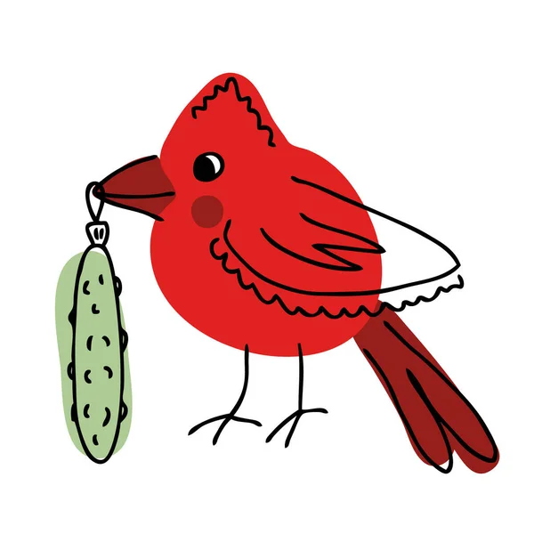 手工绘制的北红衣鸟与圣诞节泡菜在喙 完美的T恤 贺卡和印刷品 装饰和设计用手绘矢量图 — 图库矢量图片