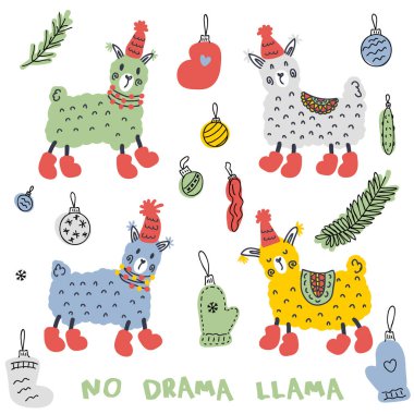 Çizmeli ve şapkalı Noel lambaları karalama koleksiyonu. Poster, çıkartma ve baskı için mükemmel. Dekor ve tasarım için el çizimi vektör çizimi.