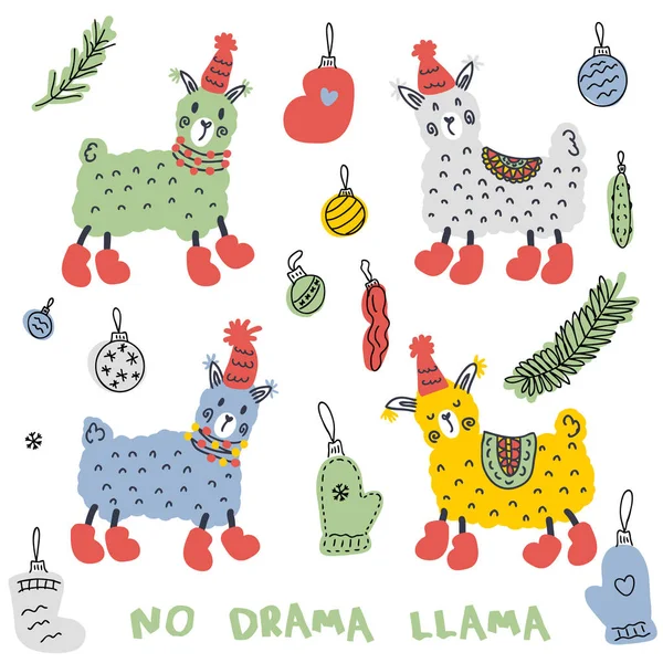 Çizmeli ve şapkalı Noel lambaları karalama koleksiyonu. Poster, çıkartma ve baskı için mükemmel. Dekor ve tasarım için el çizimi vektör çizimi.