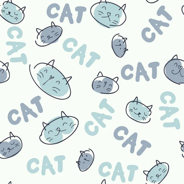 猫脸和文本Cat的涂鸦无缝模式 完美的T恤 纺织品和印刷品 装饰和设计用手绘矢量图 — 图库矢量图片
