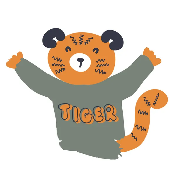 タイガーの刻印入りセーターに虎を手描き Tシャツ ポスター テキスタイル プリント グリーティングカードに最適です 装飾とデザインのためのベクトルイラスト — ストックベクタ