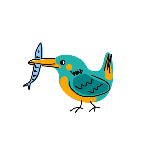 Kingfisher Pássaro Com Peixes Bico Doodle Perfeito Para Camiseta Adesivos — Vetor de Stock