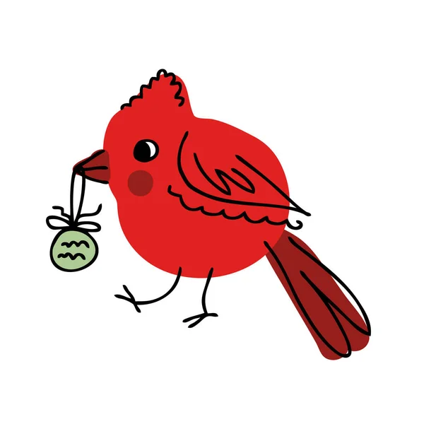 Uccello Cardinale Del Nord Disegnato Mano Con Giocattolo Natalizio Nel — Vettoriale Stock