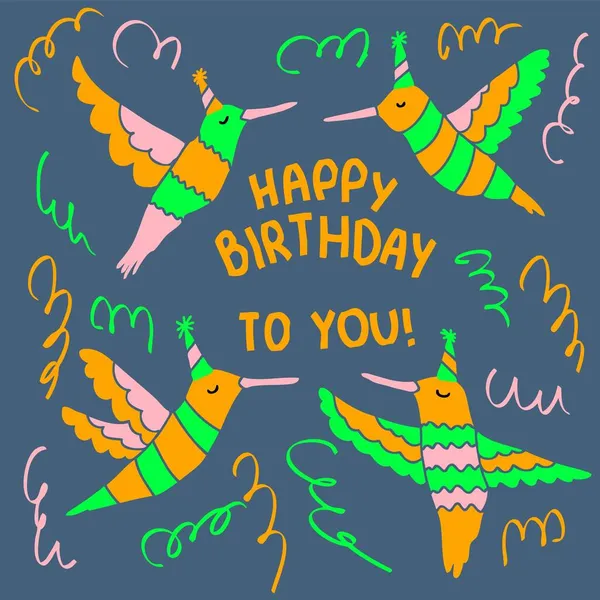 Hummingbirds Festivos Desenhados Mão Padrão Aniversário Feliz Perfeito Para Cartão — Vetor de Stock