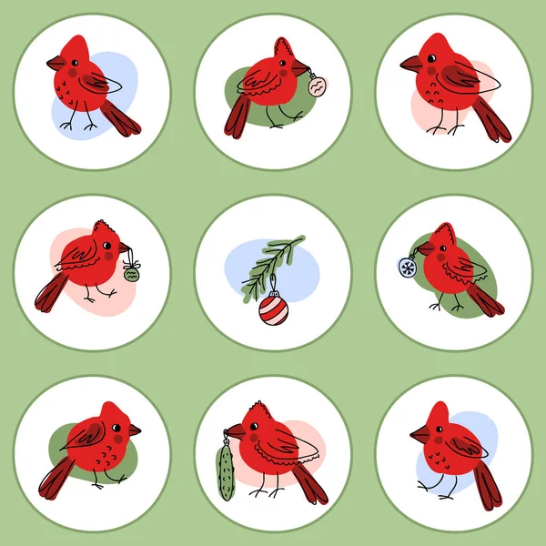 北方红衣鸟和圣诞节玩具图标设置 海报和印刷品的设计 手绘矢量图解 — 图库矢量图片