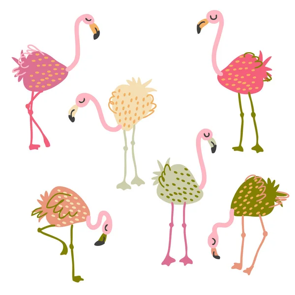 Coleção Flamingo Morango Desenhada Mão Perfeito Para Camiseta Cartaz Adesivos — Vetor de Stock