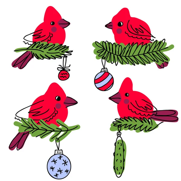 Nördliche Himmelsvögel Weihnachtsbaum Zweigkritzelei Sammlung Perfekt Für Shirts Aufkleber Textilien — Stockvektor