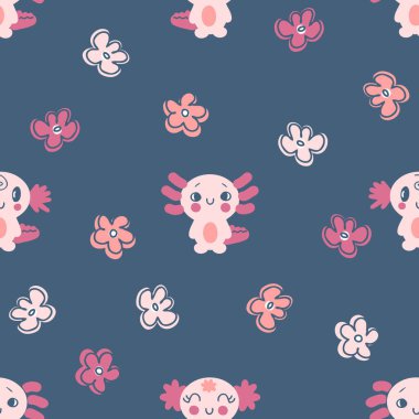 Aksiyotlu ve çiçekli el çizimi kusursuz desen. Tişört, tekstil ve parmak izi için mükemmel. Dekor ve tasarım için Doodle vektör çizimi.