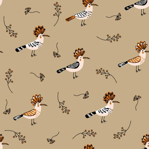 Doodle Motif Sans Couture Avec Des Oiseaux Huppe Des Baies — Image vectorielle