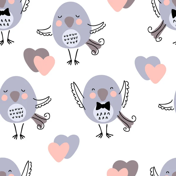 鳥や心でシームレスなロマンチックなパターンを描いた手 Tシャツ テキスタイル プリントに最適です 装飾やデザインのための落書きベクトルイラスト — ストックベクタ