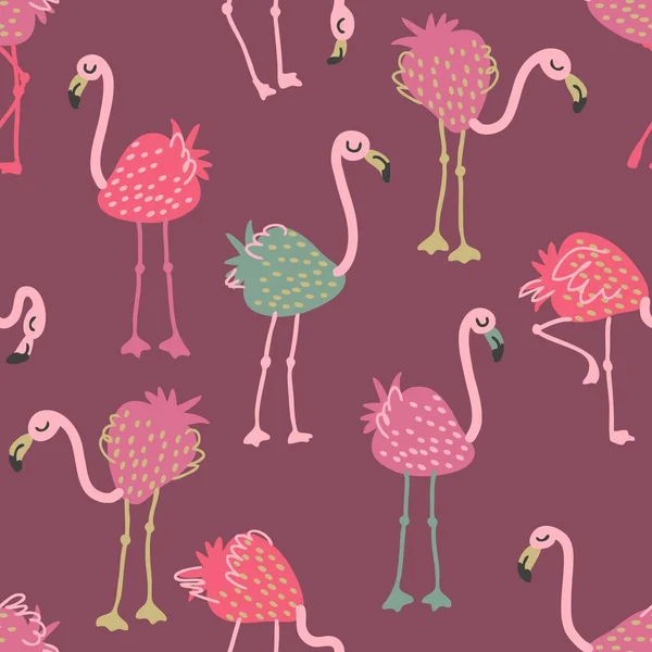Padrão Sem Costura Flamingo Morango Desenhado Mão Perfeito Para Camisetas — Vetor de Stock