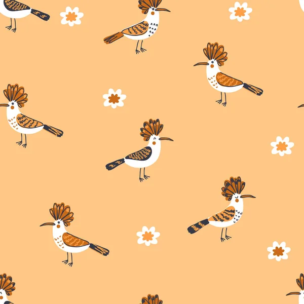 Doodle Motif Sans Couture Avec Des Oiseaux Des Fleurs Huppe — Image vectorielle