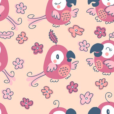 Papağanlar ve çiçeklerle el çizimi romantik, pürüzsüz desen. Tişört, tekstil ve parmak izi için mükemmel. Dekor ve tasarım için Doodle vektör çizimi.