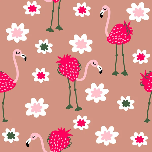 Flamingo Morango Vermelho Flores Sem Costura Padrão Perfeito Para Camisetas — Vetor de Stock