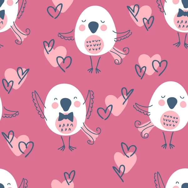Padrão Sem Costura Valentine Desenhado Mão Com Pássaros Corações Perfeito — Vetor de Stock