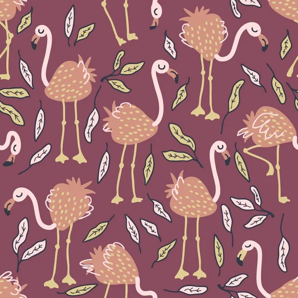 Padrão Sem Costura Com Flamingo Morango Folhas Tropicais Perfeito Para — Vetor de Stock