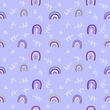 Gökkuşağı ve yapraklarla desensiz karalamalar. Tişört, kartpostal, tekstil ve parmak izi için mükemmel. Dekor ve tasarım için el çizimi illüstrasyon.