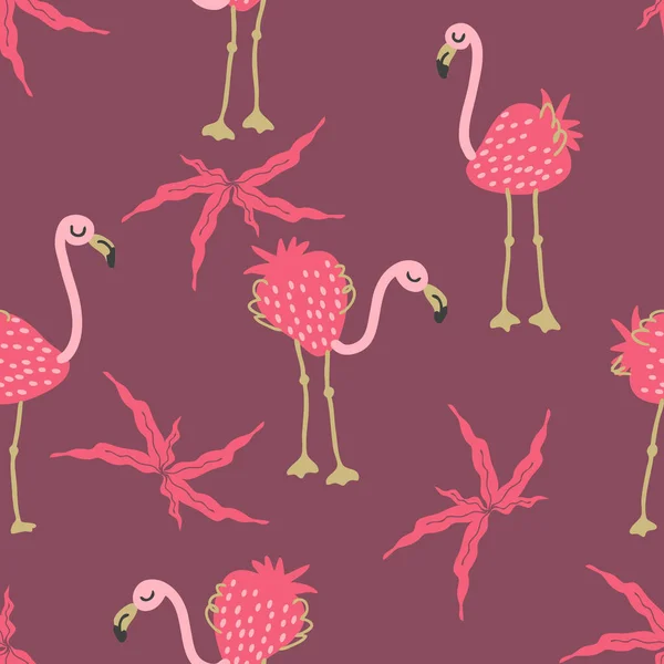Flamingo Morango Exótico Deixa Padrão Sem Costura Perfeito Para Camisetas — Vetor de Stock