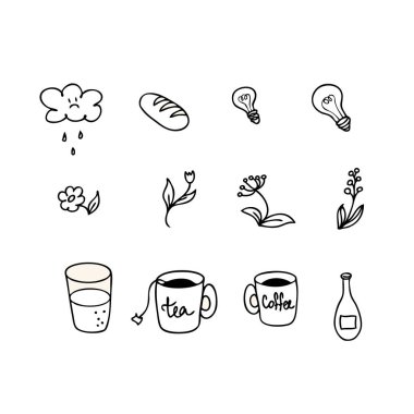 Daha fazla su temalı içecek ikonu koleksiyonu. Çıkartmalar, posterler ve baskılar için mükemmel. Dekor ve tasarım için el çizimi vektör çizimi.