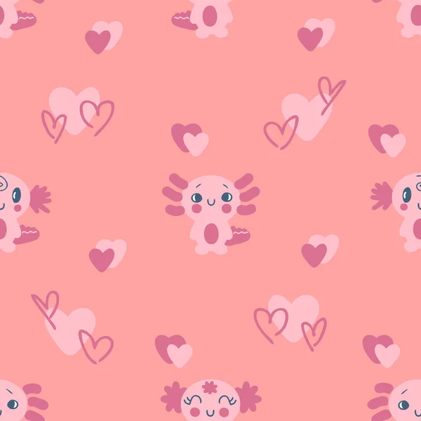 Romantic Valentine Seamless Pattern Axolotls Hearts Perfect Shirt Textile Print — Stock Vector