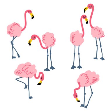El yapımı pembe flamingo koleksiyonu. Tişört, poster, çıkartma ve parmak izi için mükemmel. Dekor ve tasarım için Doodle vektör çizimi.