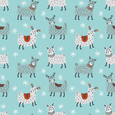 El çizimi kışın pürüzsüz lamalar ve kar taneleri deseni. Tişört, tekstil ve parmak izi için mükemmel. Dekor ve tasarım için karalama çizimi.