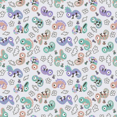 Egzotik doğada kusursuz desenli karalama bukalemunları. Tişört, kumaş, tekstil ve parmak izi için mükemmel. Dekor ve tasarım için el çizimi illüstrasyon.