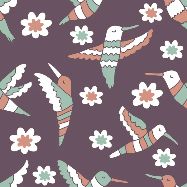 ハミングバードと花の夏のシームレスなパターンをかわす Tシャツ テキスタイル プリントに最適です 装飾やデザインのための手描きベクトルイラスト — ストックベクタ
