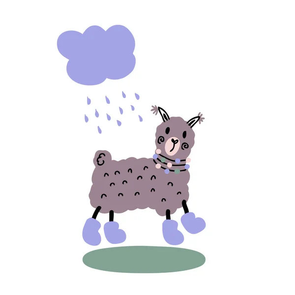 Alpaca Carino Disegnato Mano Stivali Che Camminano Sotto Pioggia Perfetto — Vettoriale Stock