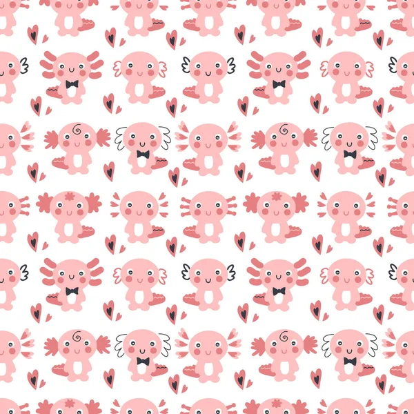 Patrón Sin Costura Dibujado Mano Con Axolotls Corazones Perfecto Para —  Fotos de Stock