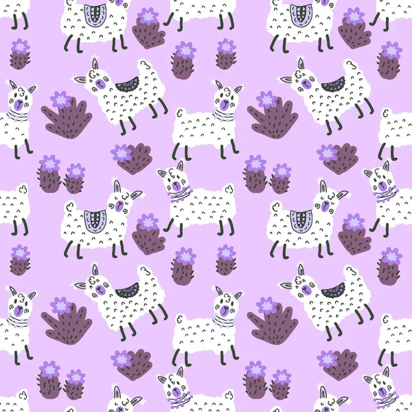 Doodle Spring Seamless Pattern Alpacas Blooming Cactuses Perfect Shirt Textile — Stock Photo, Image