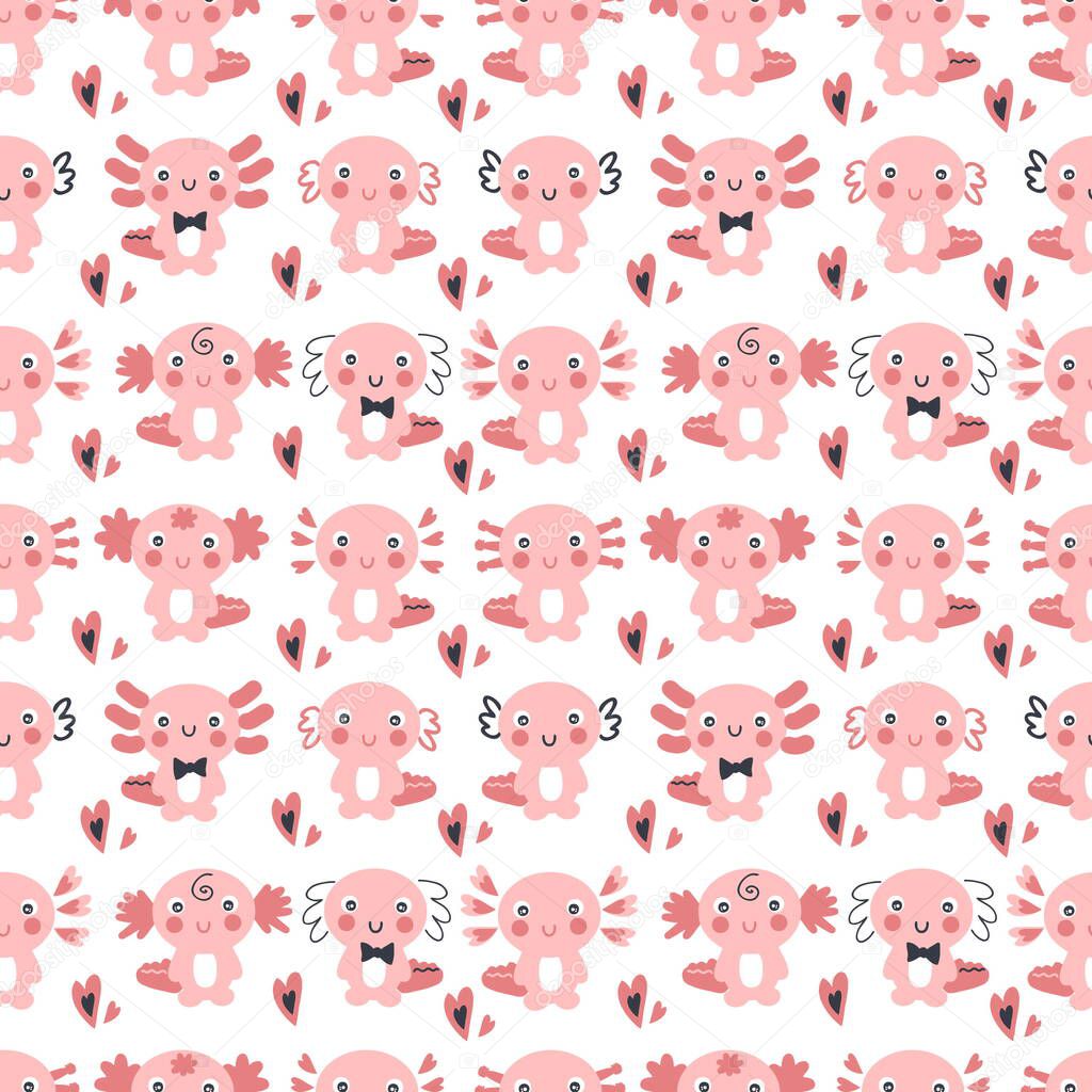 Hand drawn seamless pattern with axolotls and hearts. Perfect for T-shirt, textile and prints. Cartoon style illustration for decor and design.