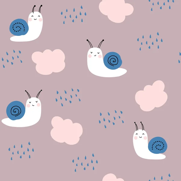 Ręcznie Rysowany Wzór Ślimakami Deszczowymi Chmurami Idealny Shirt Tekstylia Nadruk — Wektor stockowy