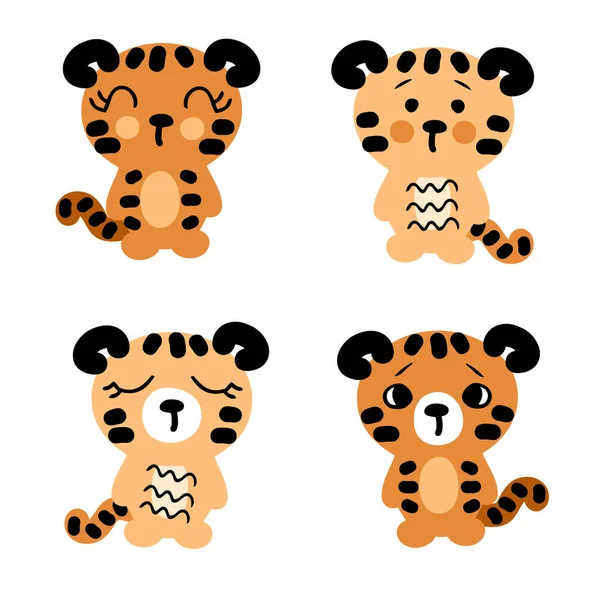 Hand Drawn Tiger Cubs Collection Set Four Cute Tigris Baby — 图库矢量图片