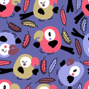 Summer parrots and feathers hand drawn seamless pattern. Perfect for T-shirt, textile and print. Doodle vector illustration for decor and design.