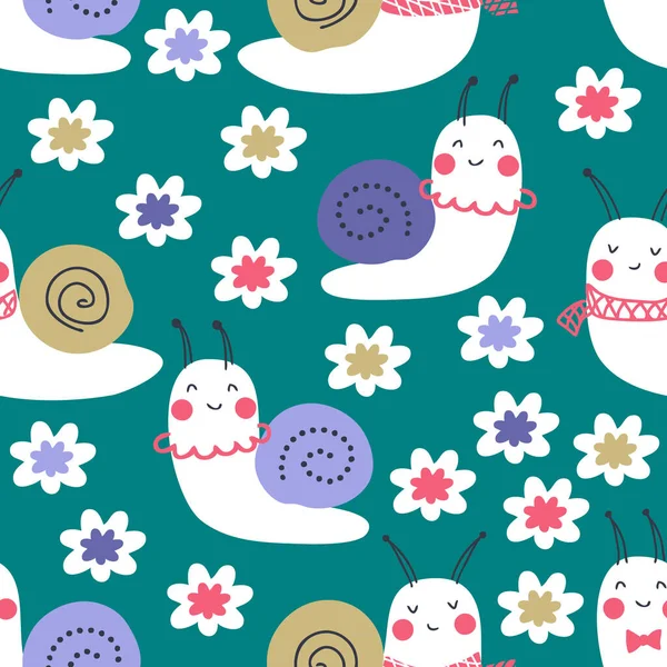 花のシームレスなパターンを持つ春かわいいカタツムリ Tシャツ グリーティングカード ポスター テキスタイル プリントに最適です 装飾やデザインのための手描きベクトルイラスト — ストックベクタ