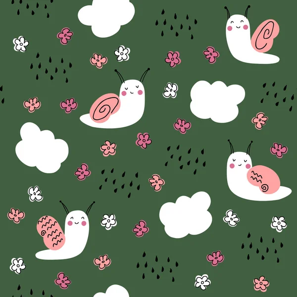 Summer Snails Flowers Seamless Pattern Perfect Shirt Textile Print Hand — Vetor de Stock