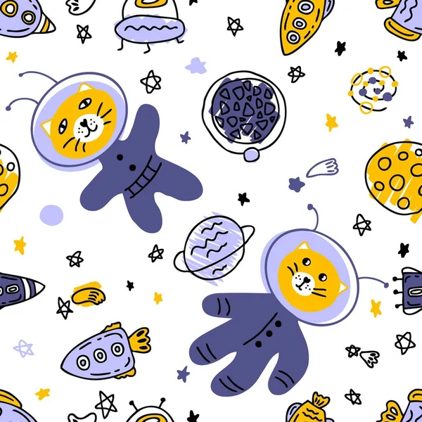 Doodle seamless pattern with cats astronauts  in space. Perfect for T-shirt, textile and print. Hand drawn vector illustration for decor and design.