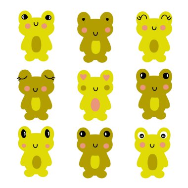 Hand drawn frogling collection. Set of nine cute frog baby. Perfect for poster, stickers, textile and prints. Cartoon style vector illustration for decor and design.