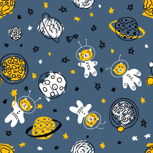 Νύχτα Απρόσκοπτη Μοτίβο Γάτες Αστροναύτες Ανακαλύψουν Σύμπαν Ιδανικό Για Shirt — Διανυσματικό Αρχείο