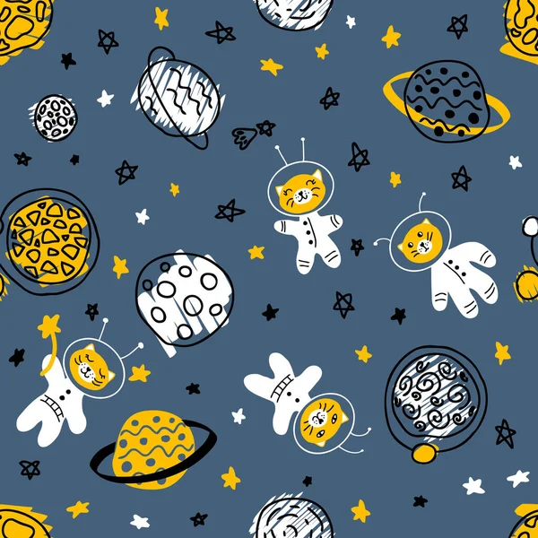 Night seamless pattern with cats astronauts discover universe. Perfect for T-shirt, textile and print. Hand drawn vector illustration for decor and design.