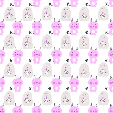 Halloween seamless pattern with sad ghosts and devils. Perfect for T-shirt, textile and prints. Hand drawn illustration for decor and design.