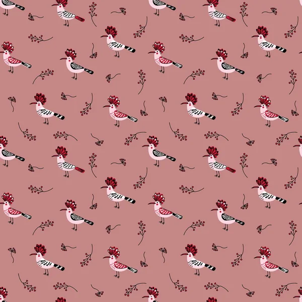 Doodle Seamless Pattern Hoopoe Birds Berries Perfect Shirt Textile Print — Fotografia de Stock