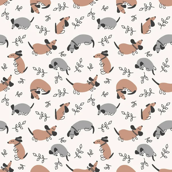 Doodle Seamless Pattern Dachshunds Leaves Perfect Shirt Postcard Textile Print —  Fotos de Stock