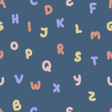 Hand drawn seamless pattern with english letters. Perfect for T-shirt, postcard, textile and print. Cartoon style vector illustration for decor and design.
