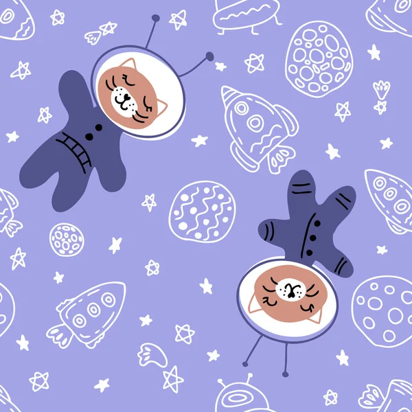 The cat is an astronaut in space doodle seamless pattern. Perfect for T-shirt, textile and print. Hand drawn vector illustration for decor and design.