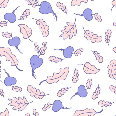 Hand drawn seamless pattern with vegetables beets and leaves. Perfect for T-shirt, textile and print. Doodle vector illustration for decor and design.