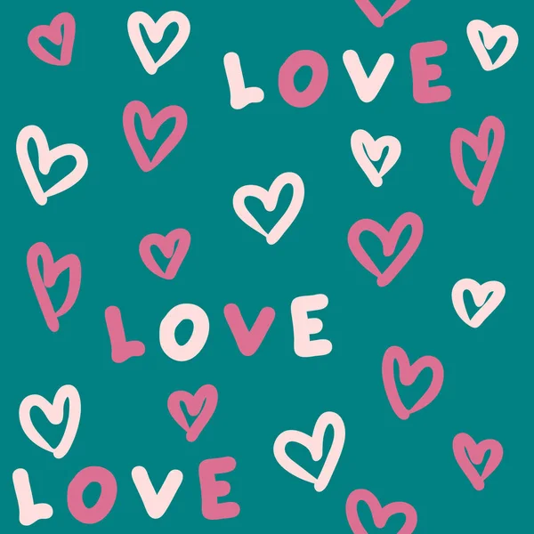 Hand Drawn Seamless Pattern Pink Hearts Text Love Perfect Shirt — Vetor de Stock
