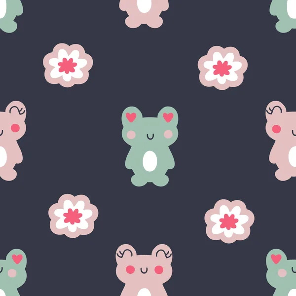 Summer Cute Frogs Flowers Doodle Seamless Pattern Perfect Shirt Postcard — Stockvector