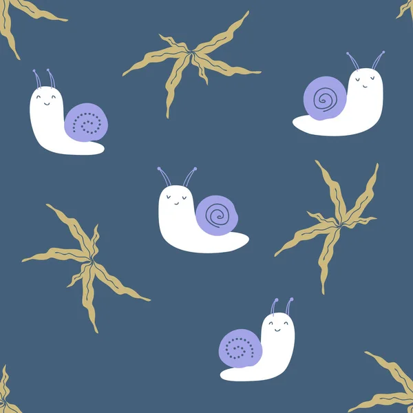 Doodle Seamless Pattern Cute Snails Leaves Perfect Shirt Greeting Card — Archivo Imágenes Vectoriales